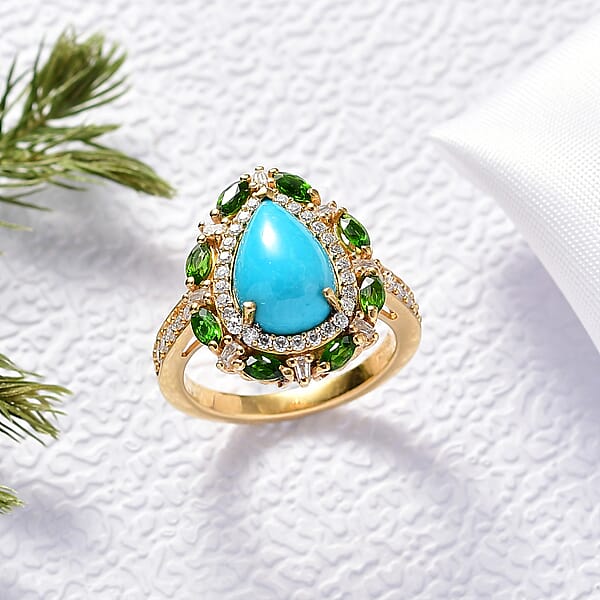 Shop Lc D' Joy Sleeping Beauty Turquoise Multi Gemstone Sunburst Halo Ring In 18K Vermeil YG Over Sterling Silver 4.10 Ctw