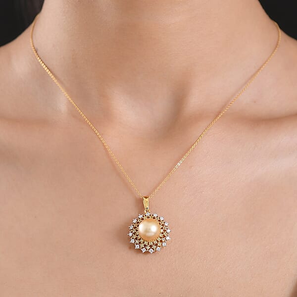 Shop Lc D'Joy South Sea Golden Cultured Pearl And Multi Gemstone 1.00 Ctw Golden Sunflare Pendant Necklace In 18K Vermeil Yellow Gold Over Sterling Silver 20 Inches