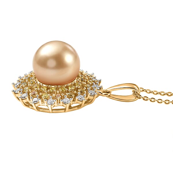 Shop Lc D'Joy South Sea Golden Cultured Pearl And Multi Gemstone 1.00 Ctw Golden Sunflare Pendant Necklace In 18K Vermeil Yellow Gold Over Sterling Silver 20 Inches