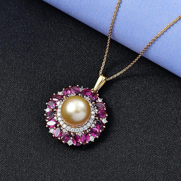 Shop Lc D'Joy South Sea Golden Cultured Pearl And Multi Gemstone 5.35 Ctw Royal Bloom Pendant Necklace In 18K Vermeil Yellow Gold Over Sterling Silver 20 Inches (Del. In 7-10 Days)