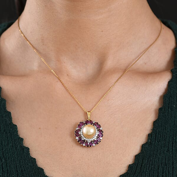 Shop Lc D'Joy South Sea Golden Cultured Pearl And Multi Gemstone 5.35 Ctw Royal Bloom Pendant Necklace In 18K Vermeil Yellow Gold Over Sterling Silver 20 Inches (Del. In 7-10 Days)