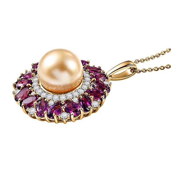 Shop Lc D'Joy South Sea Golden Cultured Pearl And Multi Gemstone 5.35 Ctw Royal Bloom Pendant Necklace In 18K Vermeil Yellow Gold Over Sterling Silver 20 Inches (Del. In 7-10 Days)