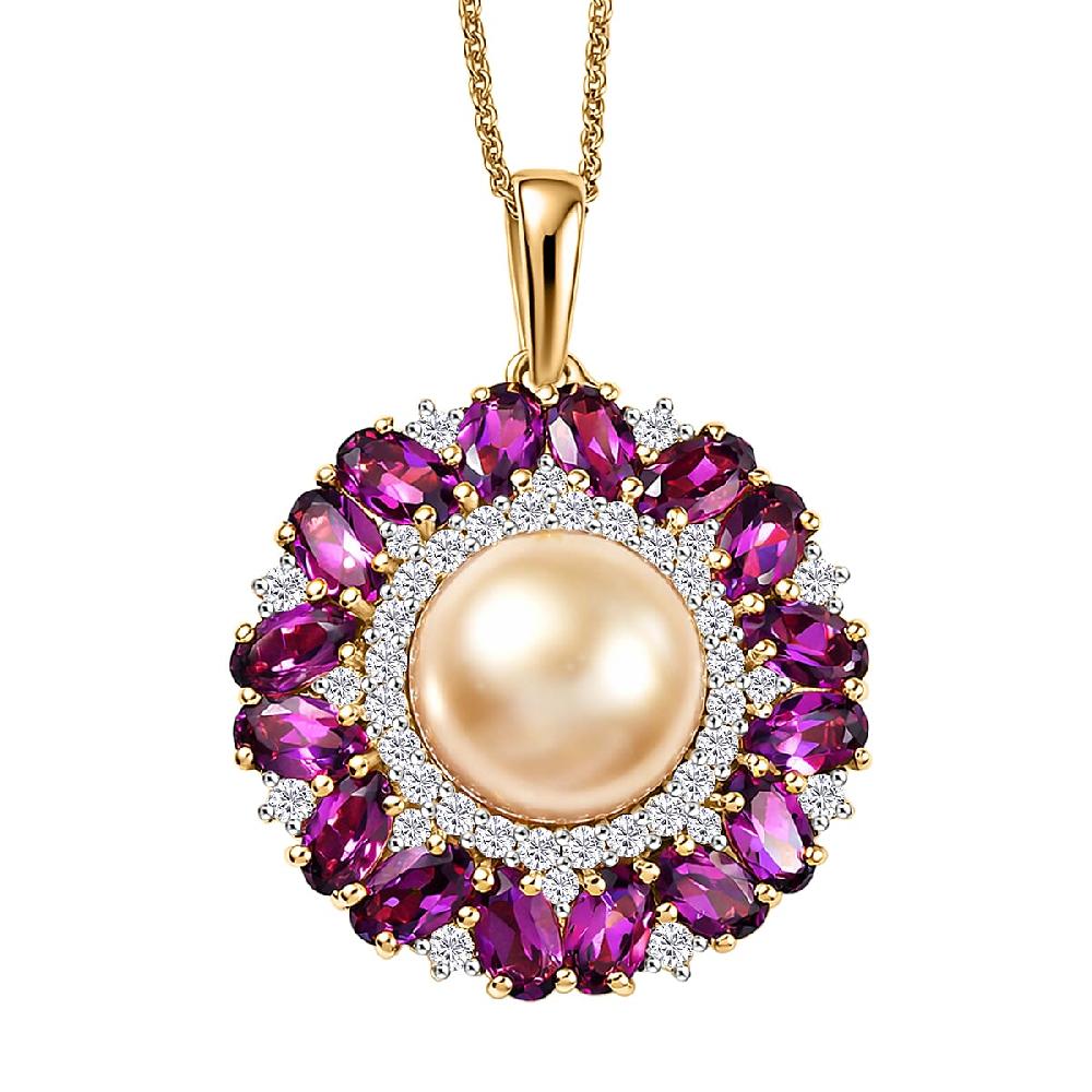 shop lc D'Joy South Sea Golden Cultured Pearl and Multi Gemstone 5.35 ctw Royal Bloom Pendant Necklace in 18K Vermeil Yellow Gold Over Sterling Silver 20 Inches (Del. in 7-10 Days)