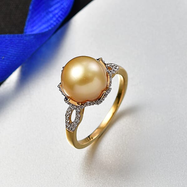 Shop Lc D'Joy South Sea Golden Cultured Pearl And White Zircon 1.10 Ctw Sunbeam Loop Ring In 18K Vermeil Yellow Gold Over Sterling Silver