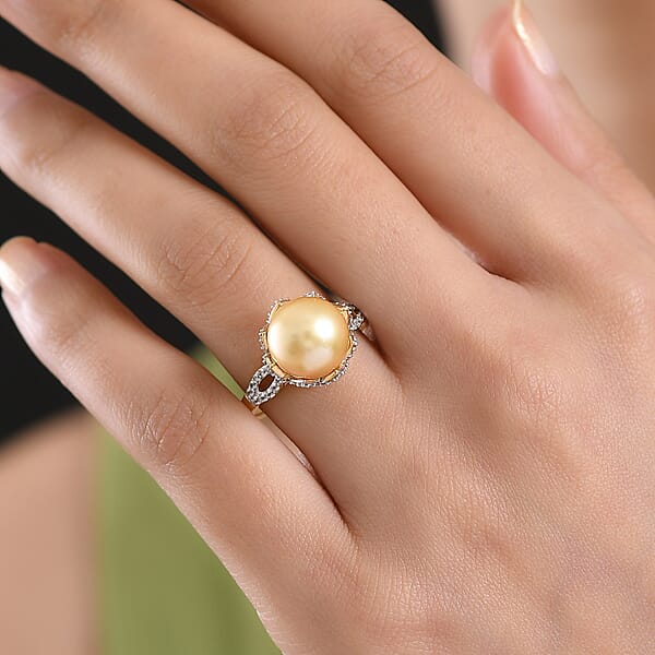 Shop Lc D'Joy South Sea Golden Cultured Pearl And White Zircon 1.10 Ctw Sunbeam Loop Ring In 18K Vermeil Yellow Gold Over Sterling Silver