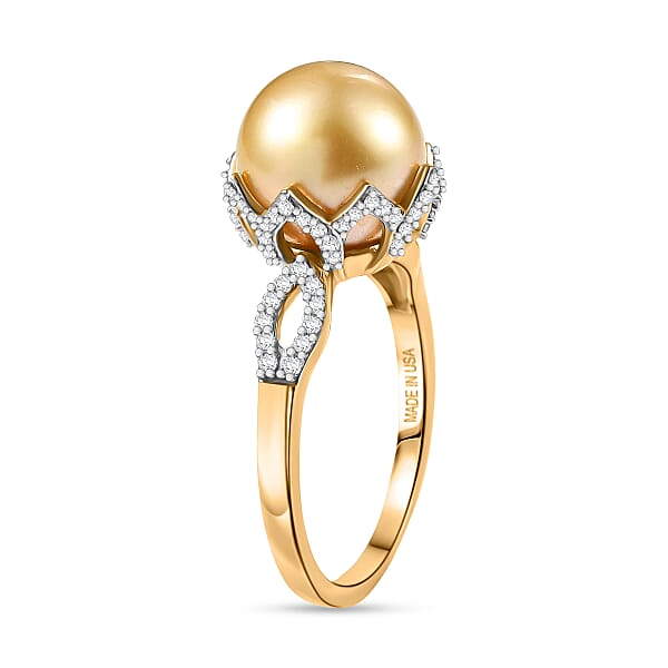 Shop Lc D'Joy South Sea Golden Cultured Pearl And White Zircon 1.10 Ctw Sunbeam Loop Ring In 18K Vermeil Yellow Gold Over Sterling Silver