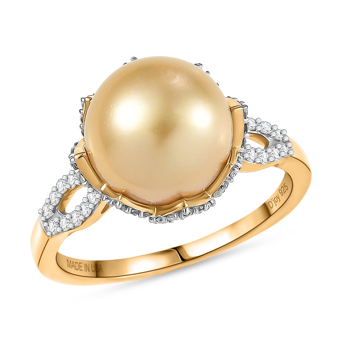 shop lc D'Joy South Sea Golden Cultured Pearl and White Zircon 1.10 ctw Sunbeam Loop Ring in 18K Vermeil Yellow Gold Over Sterling Silver