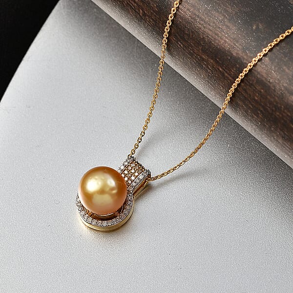 Shop Lc D'Joy South Sea Golden Cultured Pearl Natural Champagne And White Diamond 0.30 Ctw Golden Glow Pendant Necklace In 18K Vermeil Yellow Gold Over Sterling Silver 20 Inches (Del. In 7-10 Days)