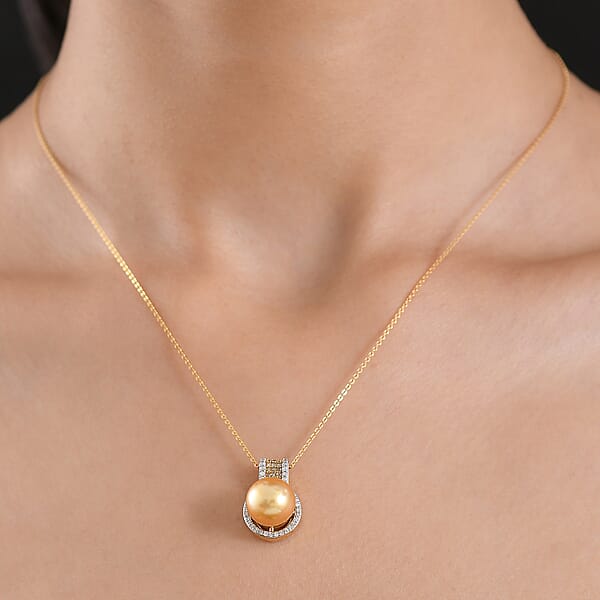 Shop Lc D'Joy South Sea Golden Cultured Pearl Natural Champagne And White Diamond 0.30 Ctw Golden Glow Pendant Necklace In 18K Vermeil Yellow Gold Over Sterling Silver 20 Inches (Del. In 7-10 Days)