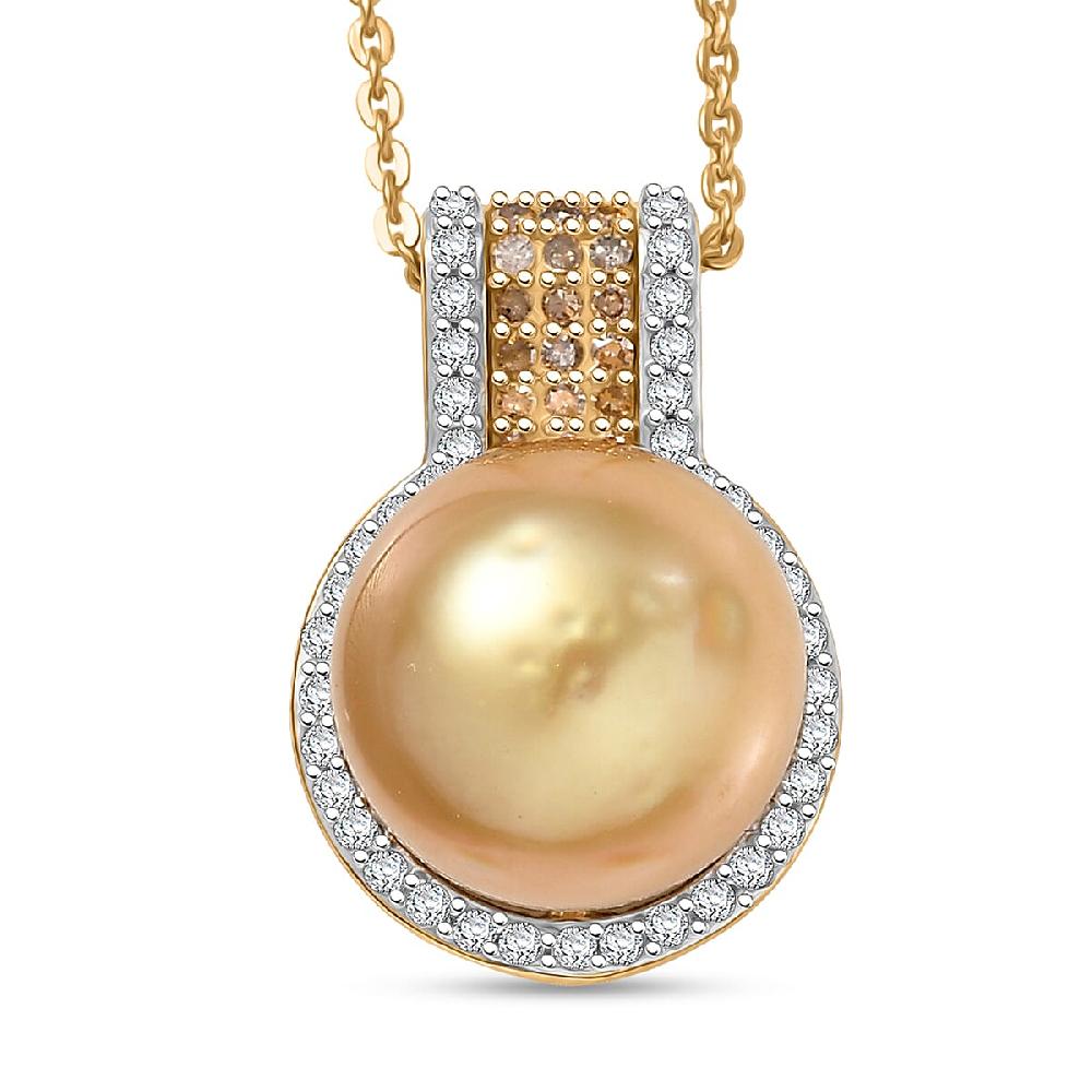 shop lc D'Joy South Sea Golden Cultured Pearl Natural Champagne and White Diamond 0.30 ctw Golden Glow Pendant Necklace in 18K Vermeil Yellow Gold Over Sterling Silver 20 Inches (Del. in 7-10 Days)