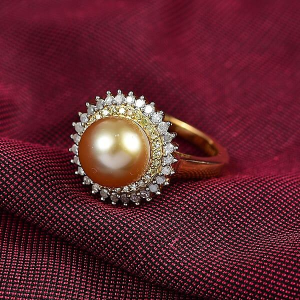 Shop Lc D'Joy South Sea Golden Pearl Natural Yellow And White Diamond Sunburst Halo Ring In 18K Vermeil YG Over Sterling Silver 0.45 Ctw