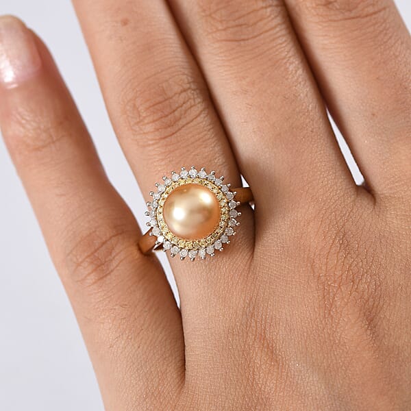 Shop Lc D'Joy South Sea Golden Pearl Natural Yellow And White Diamond Sunburst Halo Ring In 18K Vermeil YG Over Sterling Silver 0.45 Ctw