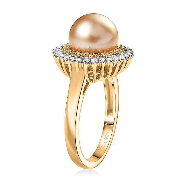 Shop Lc D'Joy South Sea Golden Pearl Natural Yellow And White Diamond Sunburst Halo Ring In 18K Vermeil YG Over Sterling Silver 0.45 Ctw