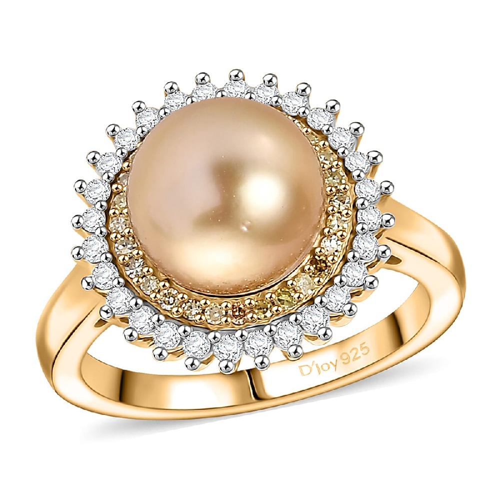 shop lc D'Joy South Sea Golden Pearl Natural Yellow and White Diamond Sunburst Halo Ring in 18K Vermeil YG Over Sterling Silver 0.45 ctw
