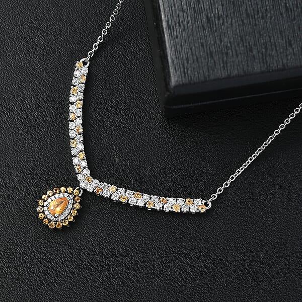 Shop Lc D'Joy Tanzanian Mandarin Garnet And Moissanite 2.35 Ctw Kindled Curve Necklace 18 Inches In Rhodium Over Sterling Silver