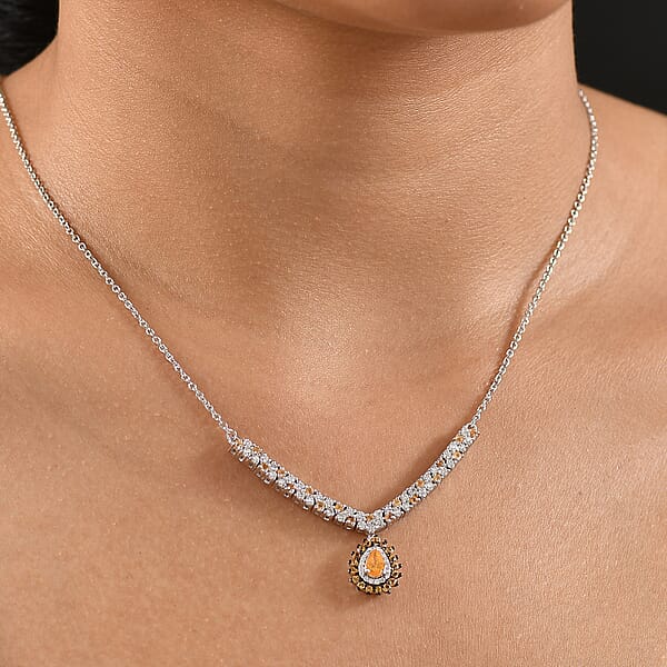 Shop Lc D'Joy Tanzanian Mandarin Garnet And Moissanite 2.35 Ctw Kindled Curve Necklace 18 Inches In Rhodium Over Sterling Silver