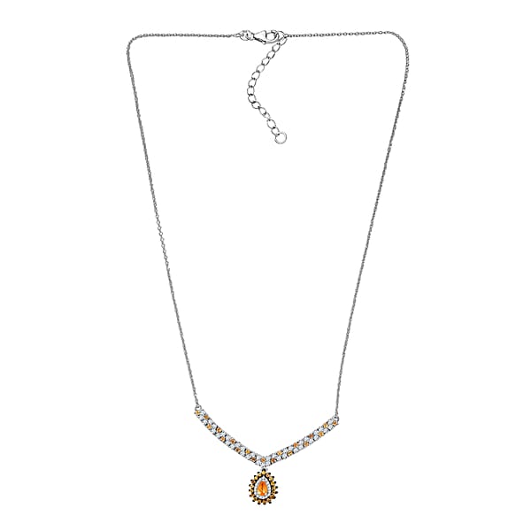 Shop Lc D'Joy Tanzanian Mandarin Garnet And Moissanite 2.35 Ctw Kindled Curve Necklace 18 Inches In Rhodium Over Sterling Silver