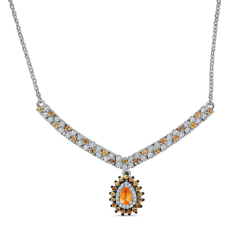 shop lc D'Joy Tanzanian Mandarin Garnet and Moissanite 2.35 ctw Kindled Curve Necklace 18 Inches in Rhodium Over Sterling Silver