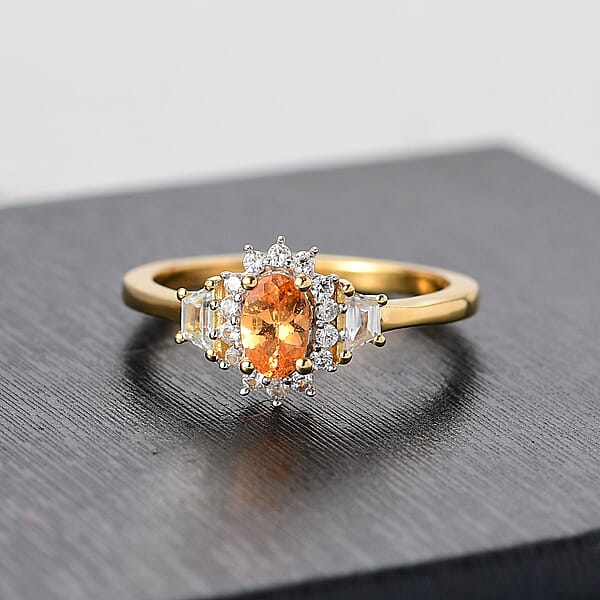 Shop Lc D'Joy Tanzanian Mandarin Garnet White Zircon Sunflare Regal Ring In 18K Vermeil YG Over Sterling Silver 1.00 Ctw