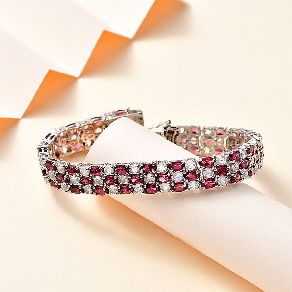Shop Lc D'Joy Tanzanian Wine Garnet And Rainbow Moonstone 3 Row Bracelet In Rhodium Over Sterling Silver (7.25 In) 25.35 Ctw