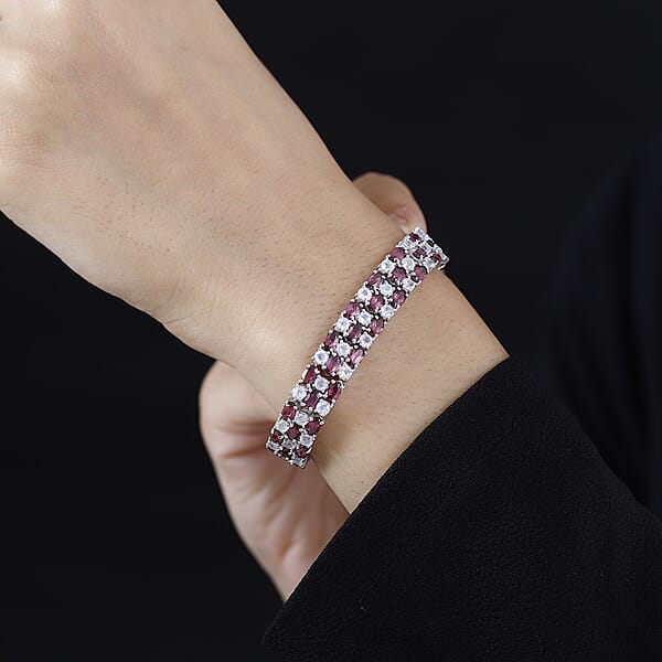 Shop Lc D'Joy Tanzanian Wine Garnet And Rainbow Moonstone 3 Row Bracelet In Rhodium Over Sterling Silver (7.25 In) 25.35 Ctw
