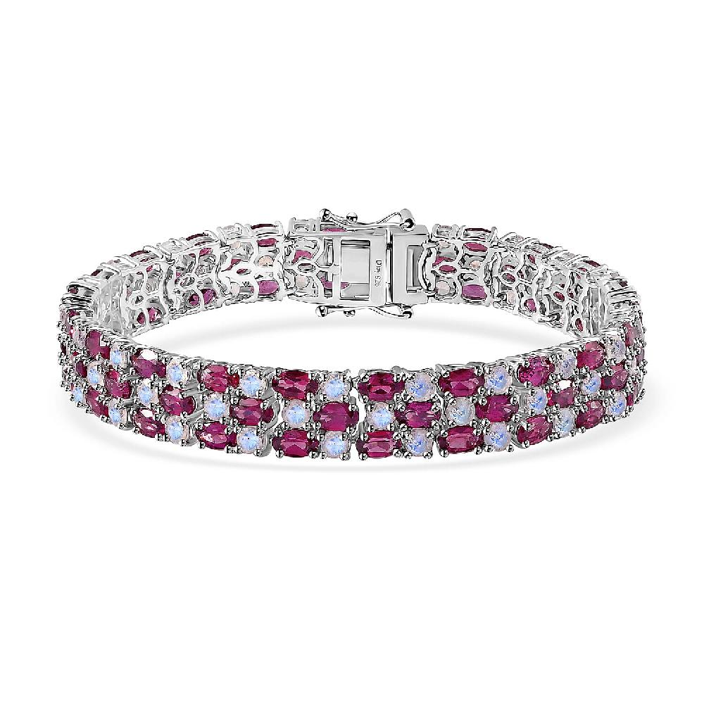shop lc D'Joy Tanzanian Wine Garnet and Rainbow Moonstone 3 Row Bracelet in Rhodium Over Sterling Silver (7.25 In) 25.35 ctw