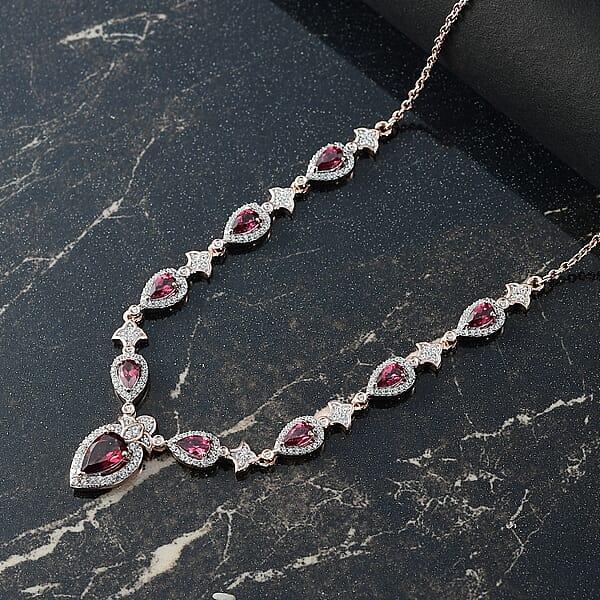 Shop Lc D'Joy Tanzanian Wine Garnet And White Zircon 4.70 Ctw Majestic Firefal Necklace In 18K Vermeil Rose Gold Over Sterling Silver 18 Inches