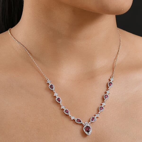 Shop Lc D'Joy Tanzanian Wine Garnet And White Zircon 4.70 Ctw Majestic Firefal Necklace In 18K Vermeil Rose Gold Over Sterling Silver 18 Inches