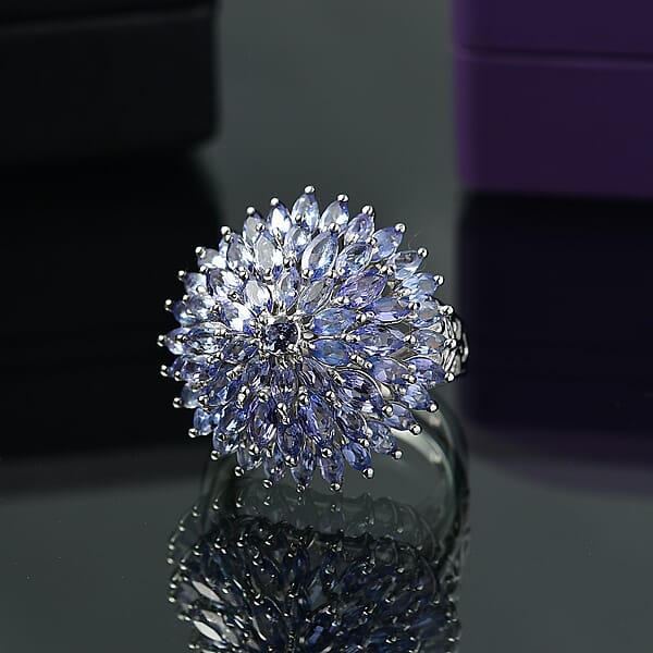 Shop Lc D'Joy Tanzanite Chrysanthemum Flower Ring In Rhodium Over Sterling Silver 5.60 Ctw