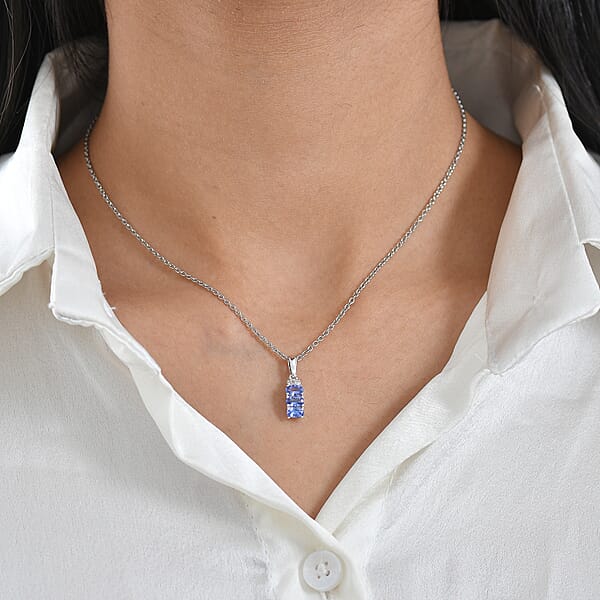 Shop Lc D'Joy Tanzanite Diamond Trinity Pendant In Rhodium Over Sterling Silver With Stainless Steel Necklace 0.70 Ctw (20 Inches)