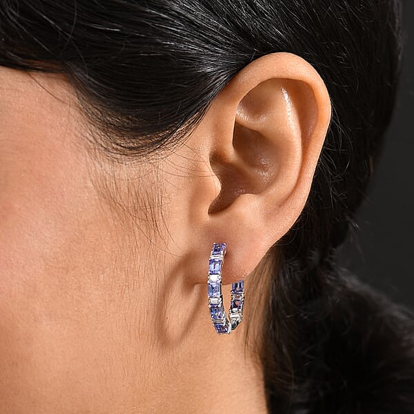 Shop Lc D'Joy Tanzanite Moissanite 4.35 Ctw Floral Vine Hoop Earrings In Rhodium Over Sterling Silver