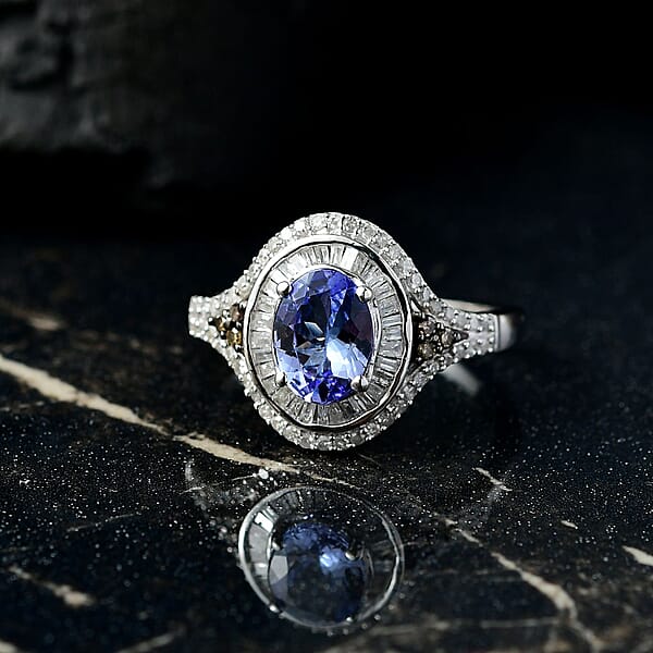 Shop Lc D'Joy Tanzanite Natural Champagne And White Diamond 1.75 Ctw Celestial Ring In Rhodium Over Sterling Silver