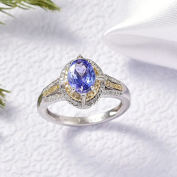 Shop Lc D'Joy Tanzanite Natural Yellow And White Diamond 1.50 Ctw Art Deco Ring In Rhodium Over Sterling Silver