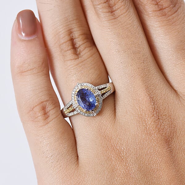 Shop Lc D'Joy Tanzanite Natural Yellow And White Diamond 1.50 Ctw Art Deco Ring In Rhodium Over Sterling Silver