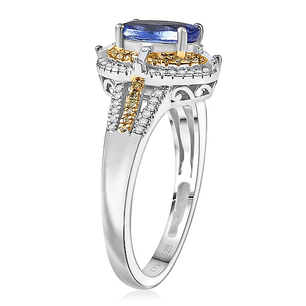 Shop Lc D'Joy Tanzanite Natural Yellow And White Diamond 1.50 Ctw Art Deco Ring In Rhodium Over Sterling Silver