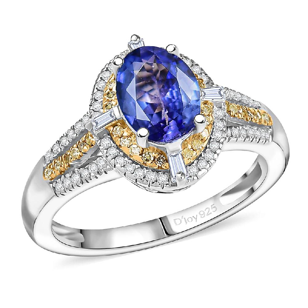 shop lc D'Joy Tanzanite Natural Yellow and White Diamond 1.50 ctw Art Deco Ring in Rhodium Over Sterling Silver