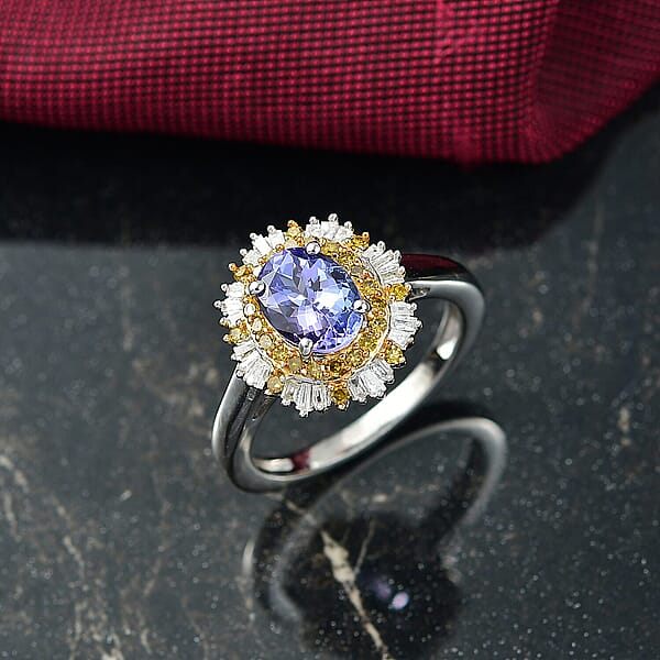 Shop Lc D'Joy Tanzanite Yellow And White Diamond Sunburst Ring In Rhodium Over Sterling Silver 1.50 Ctw
