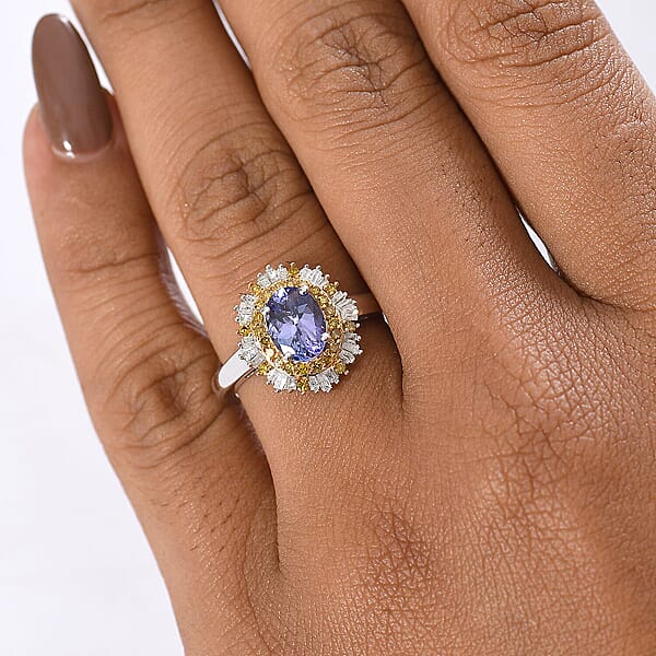 Shop Lc D'Joy Tanzanite Yellow And White Diamond Sunburst Ring In Rhodium Over Sterling Silver 1.50 Ctw