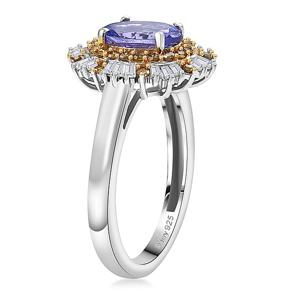 Shop Lc D'Joy Tanzanite Yellow And White Diamond Sunburst Ring In Rhodium Over Sterling Silver 1.50 Ctw