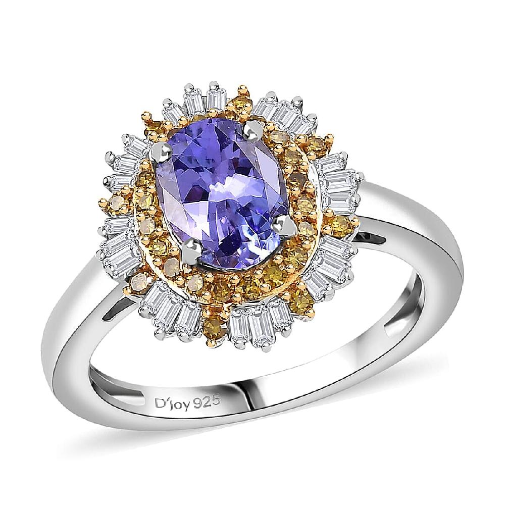 shop lc D'Joy Tanzanite Yellow and white Diamond Sunburst Ring in Rhodium Over Sterling Silver 1.50 ctw