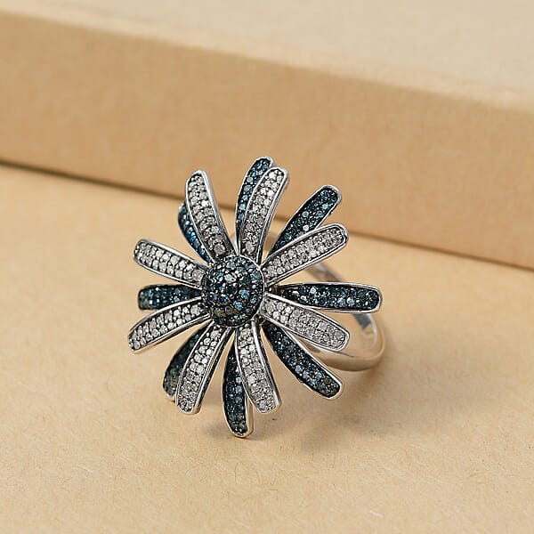 Shop Lc D'Joy White And Blue Diamond 1.50 Ctw Midnight Bloom Flower Ring In Rhodium Over Sterling Silver