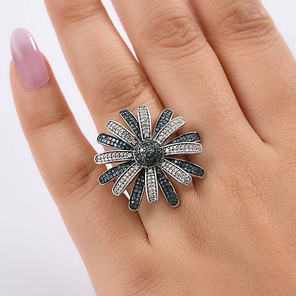 Shop Lc D'Joy White And Blue Diamond 1.50 Ctw Midnight Bloom Flower Ring In Rhodium Over Sterling Silver