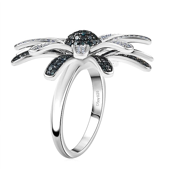 Shop Lc D'Joy White And Blue Diamond 1.50 Ctw Midnight Bloom Flower Ring In Rhodium Over Sterling Silver