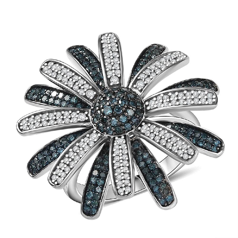 shop lc D'Joy White and Blue Diamond 1.50 ctw Midnight Bloom Flower Ring in Rhodium Over Sterling Silver