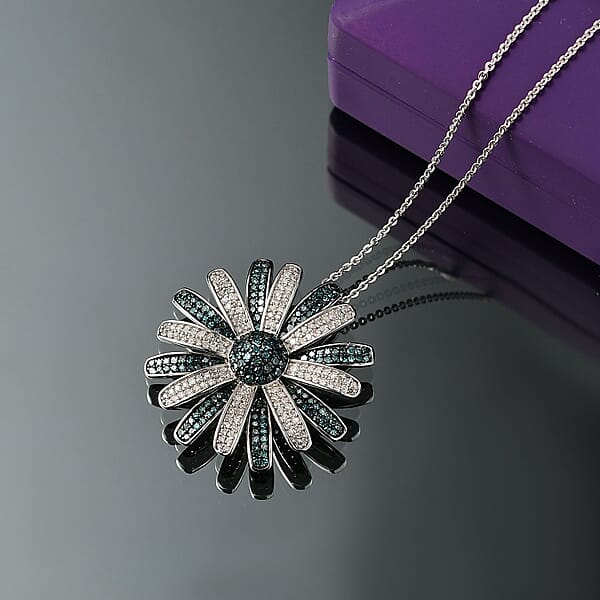 Shop Lc D'Joy White And Blue Diamond (IR) 1.50 Ctw Midnight Bloom Flower Pendant Necklace In Rhodium Over Sterling Silver 20 Inches