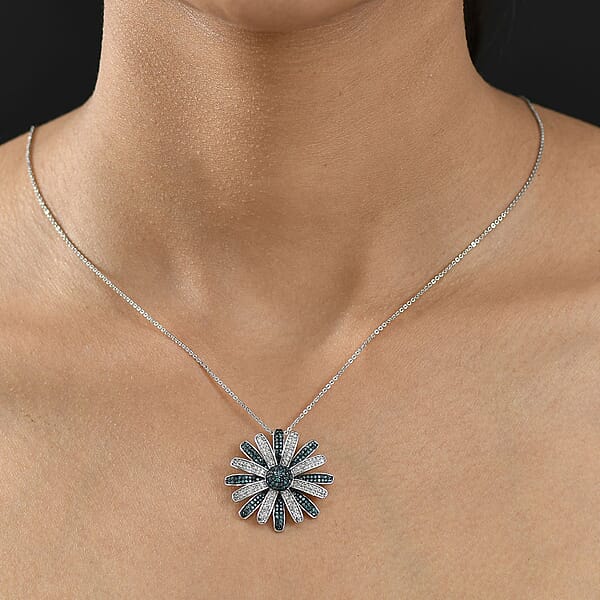 Shop Lc D'Joy White And Blue Diamond (IR) 1.50 Ctw Midnight Bloom Flower Pendant Necklace In Rhodium Over Sterling Silver 20 Inches