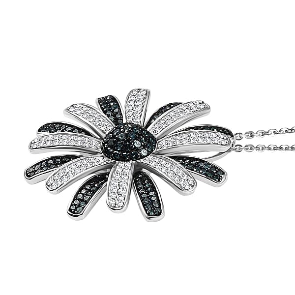 Shop Lc D'Joy White And Blue Diamond (IR) 1.50 Ctw Midnight Bloom Flower Pendant Necklace In Rhodium Over Sterling Silver 20 Inches