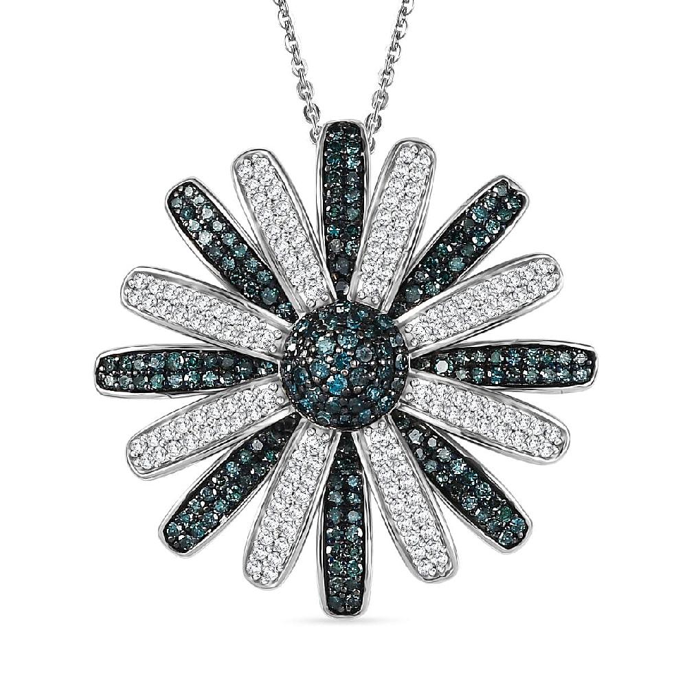 shop lc D'Joy White and Blue Diamond (IR) 1.50 ctw Midnight Bloom Flower Pendant Necklace in Rhodium Over Sterling Silver 20 Inches