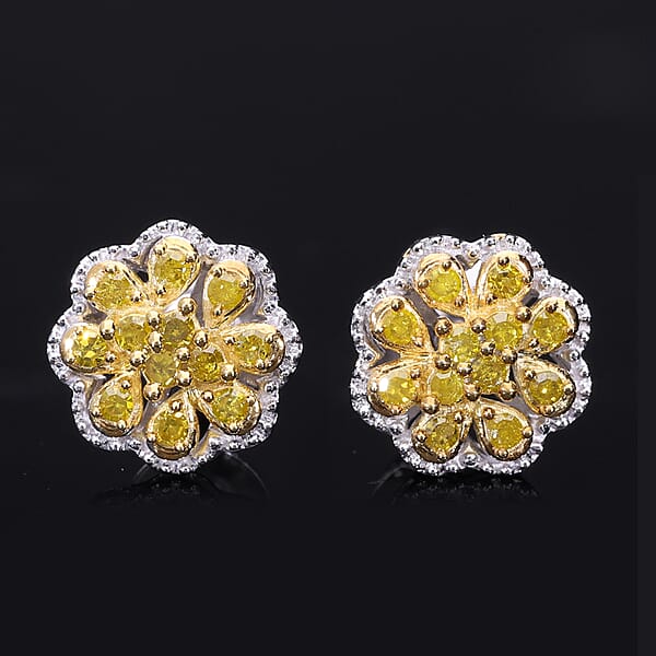 Shop Lc D'Joy Yellow Diamond Floral Earrings In Rhodium Over Sterling Silver 0.25 Ctw