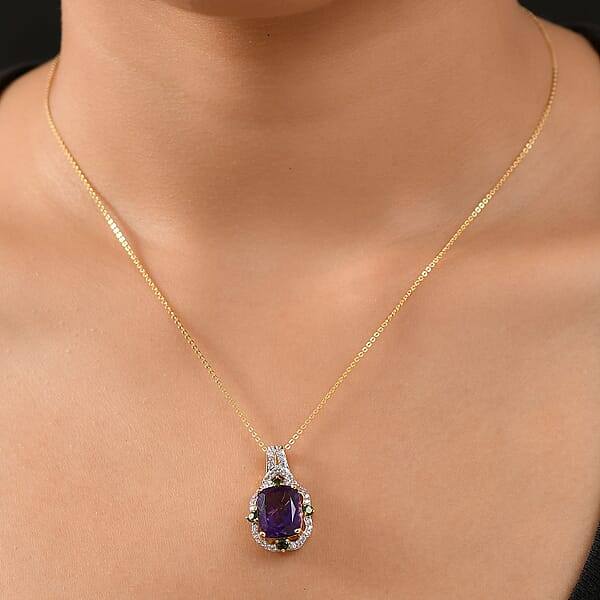 Shop Lc D'Joy Zambian Amethyst And Multi Gemstone 6.00 Ctw Art Deco Pendant Necklace In 18K Vermeil Yellow Gold Over Sterling Silver 20 Inches